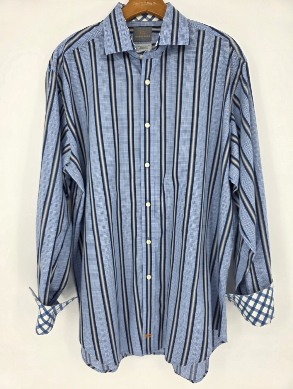 Thomas Dean Men's Large Blue Stripe Check Button Front Shirt Contrast Cuffs